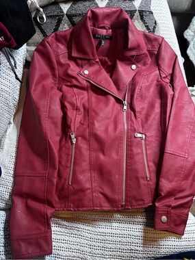 Baccini Women's Wine-Red Faux Leather Moto Jacket